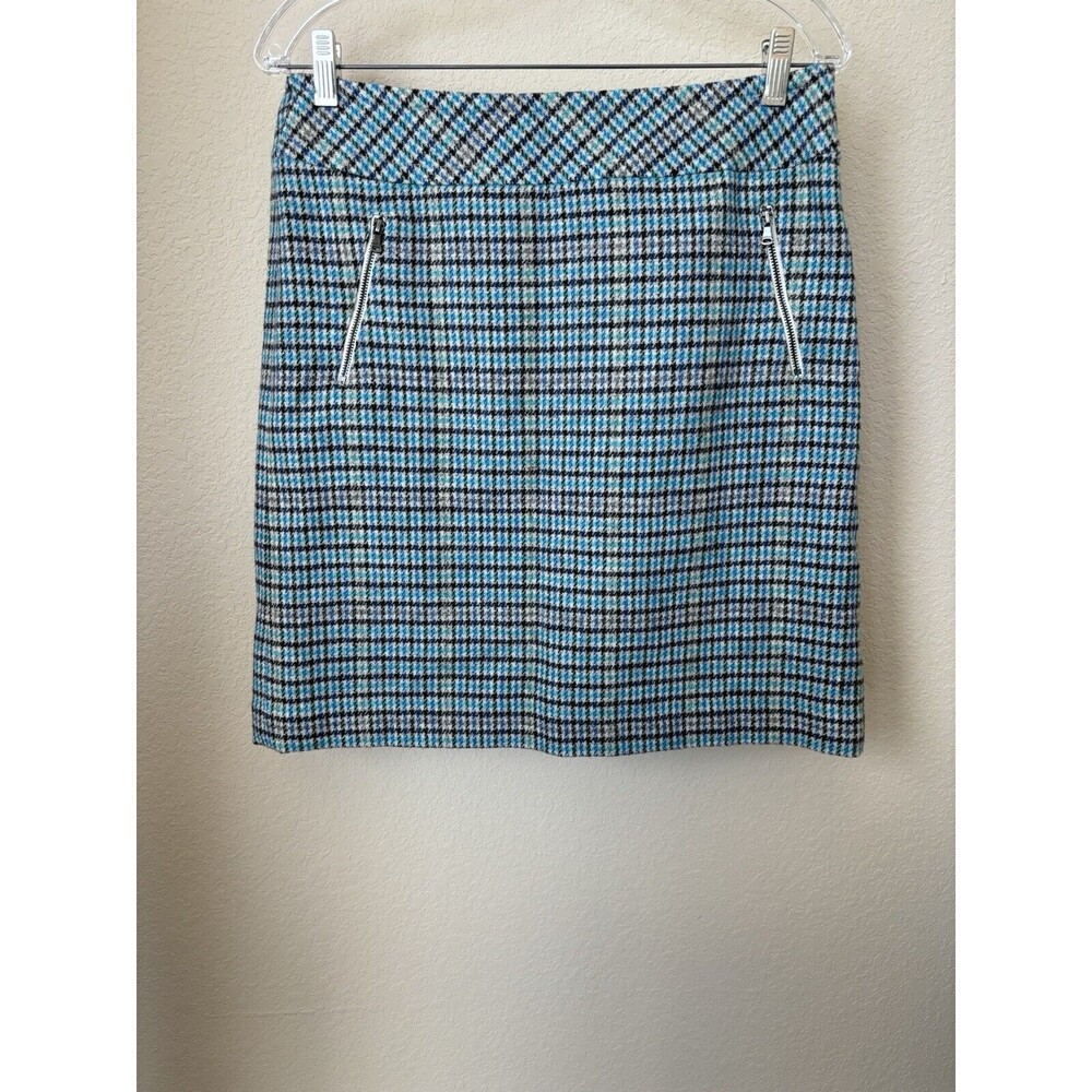 Talbots Women's Size 6 Teal Black Houndstooth Print Wool Blend Pencil Skirt